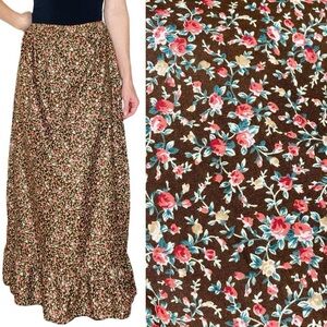 Making Believe Handmade Brown Pink Ditzy Floral Cottage Maxi Skirt